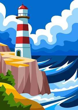 Lighthouse on Cliffside with Ocean View Metal Wall Print Art