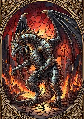 Armored Dragon in Stained Glass Style