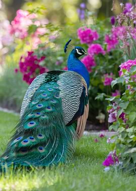 Peacock in a garden of flowers