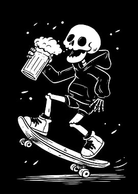 Skeleton Skateboarder with Beer
