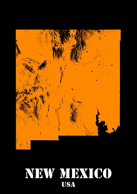 New Mexico USA State Minimalist Black Orange Topographic Contour Relief Map featuring terrain in orange color
