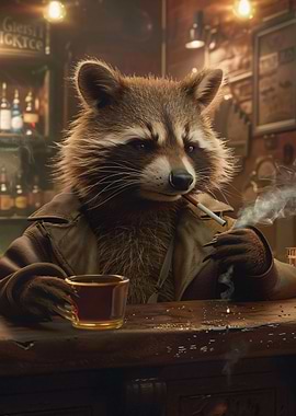 Anthropomorphic Raccoon Smoking in a Bar