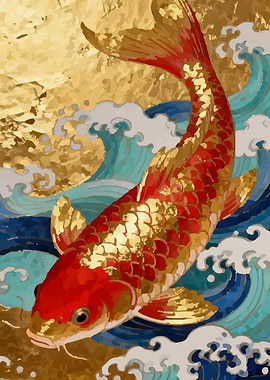 Golden Koi Fish in Blue Waves