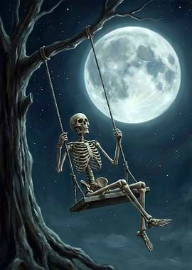 Skeleton on Swing Under Moonlight