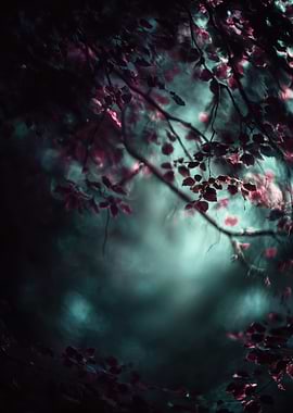 Mystical Forest Canopy with Red Leaves