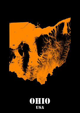 Ohio USA State Minimalist Black Orange Topographic Contour Relief Map featuring terrain in orange color