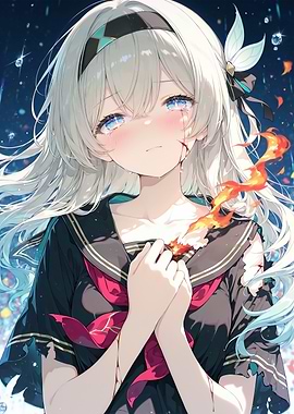 Anime Girl with Fire and Tears