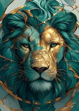 Lion Portrait: Teal and Gold