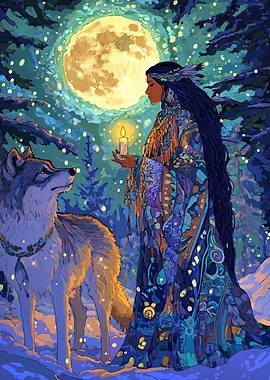 Woman, Wolf, and Candlelight in Forest
