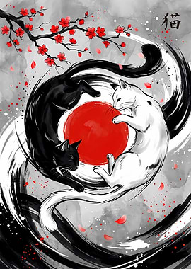 Yin Yang Cats Japanese Art