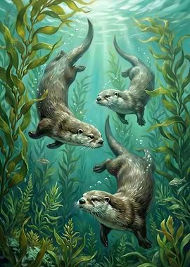 Otters in Kelp Forest Painting