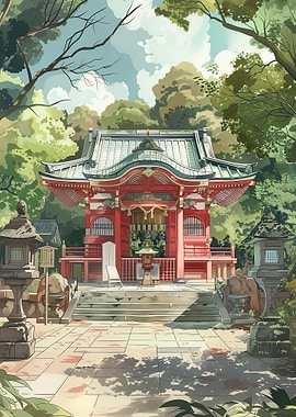 Japanese Shrine in Forest Setting