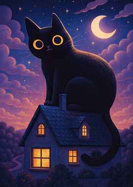 Black Cat on House at Night