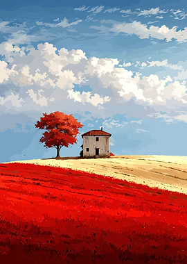 Red Field House Landscape Painting