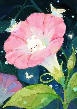 Sleeping Bunny in Flower with Butterflies