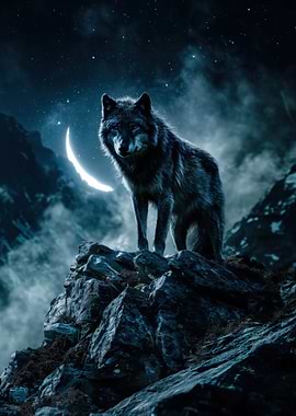 Wolf on Mountain Peak at Night