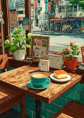 Cafe Scene with Coffee and Cake