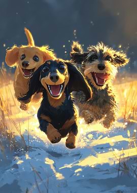Three Happy Dogs Running in Snow