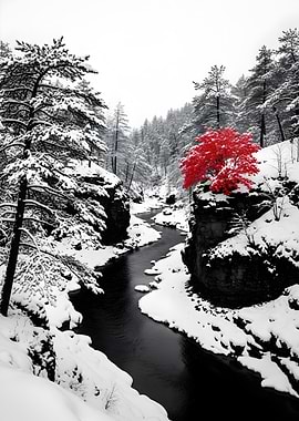 Winter River with Red Tree