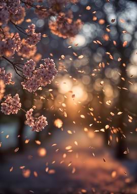 Spring Cherry Blossoms and Falling Petals