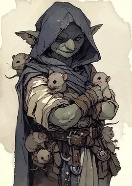 Hooded Goblin with Mice Illustration