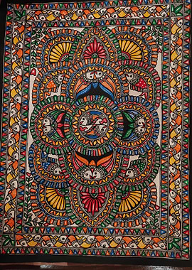 Colorful Madhubani Painting with Fish