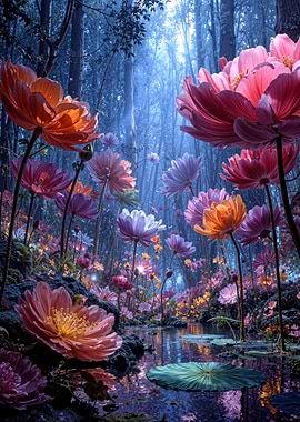Spring Forest with Colorful Flowers