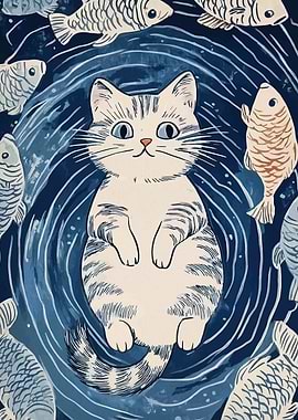 Cat and Fish in Blue Water