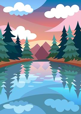 Serene Mountain Lake Reflection with Evergreen Forest and Sunset Sky Metal Wall Print Art
