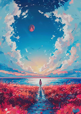 Dreamy Landscape with Figure and Moon