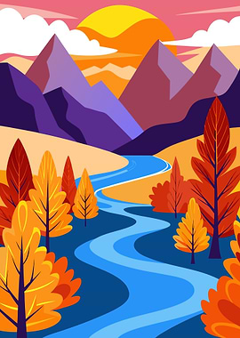 Scenic Autumn Landscape with Colorful Foliage and Winding River Metal Wall Print Art