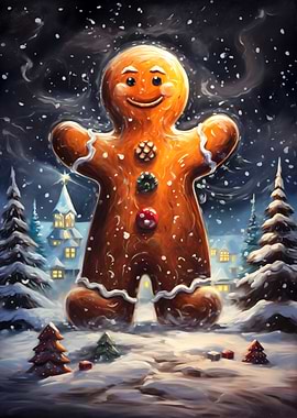Giant Gingerbread Man in Snowy Village