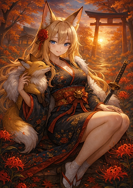 Anime Fox Girl with Fox Companion