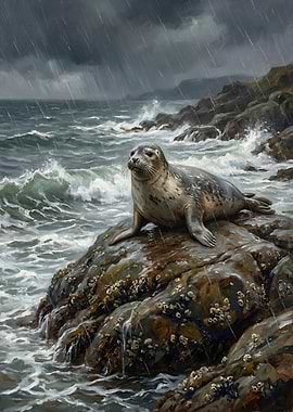 Seal on Rocky Coast in Rain