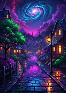 Rainy Night Town with Galaxy Sky