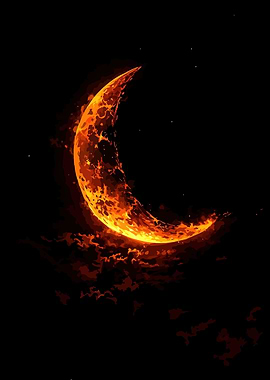 Fiery Crescent Moon in Dark Sky