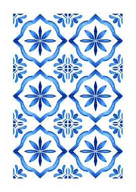 Blue Floral Watercolor Tile Pattern
