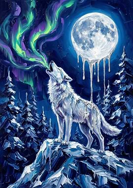 Wolf Howling at Moon with Aurora