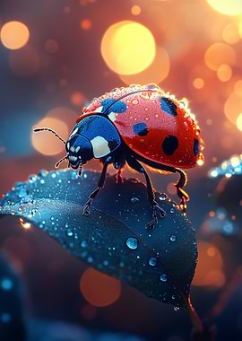 Ladybug on Leaf with Water Droplets