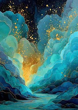 Abstract Blue and Gold Landscape Painting