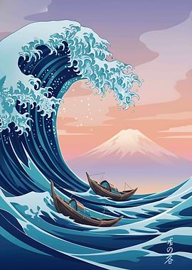 Great Wave with Boats and Mountain