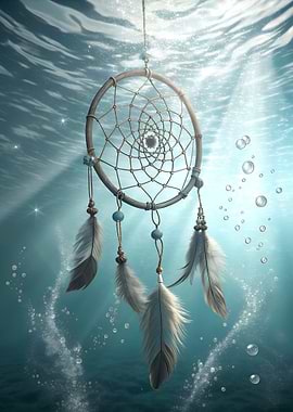 Underwater Dreamcatcher with Feathers and Bubbles