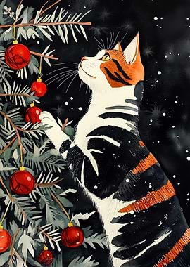 Cat Decorating Christmas Tree Watercolor