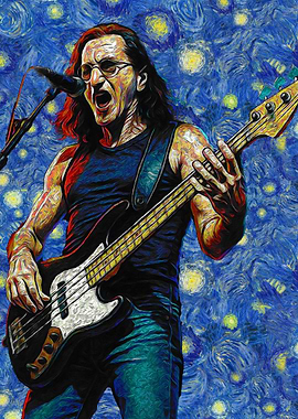 Musician playing bass in Van Gogh style