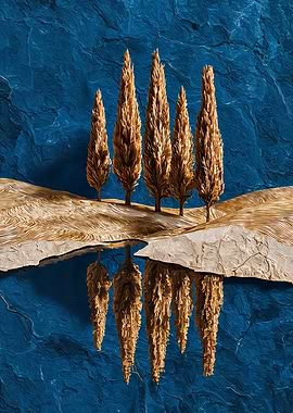 Golden Trees Reflection on Blue Water