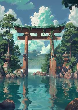Japanese Torii Gate in Water Landscape