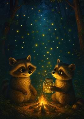 Raccoons with Fireflies in Forest