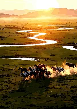 Wild Horses Running at Sunset