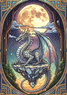 Stained Glass Dragon Under Full Moon
