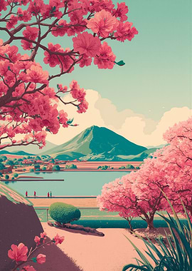 Spring Cherry Blossom with Mountain